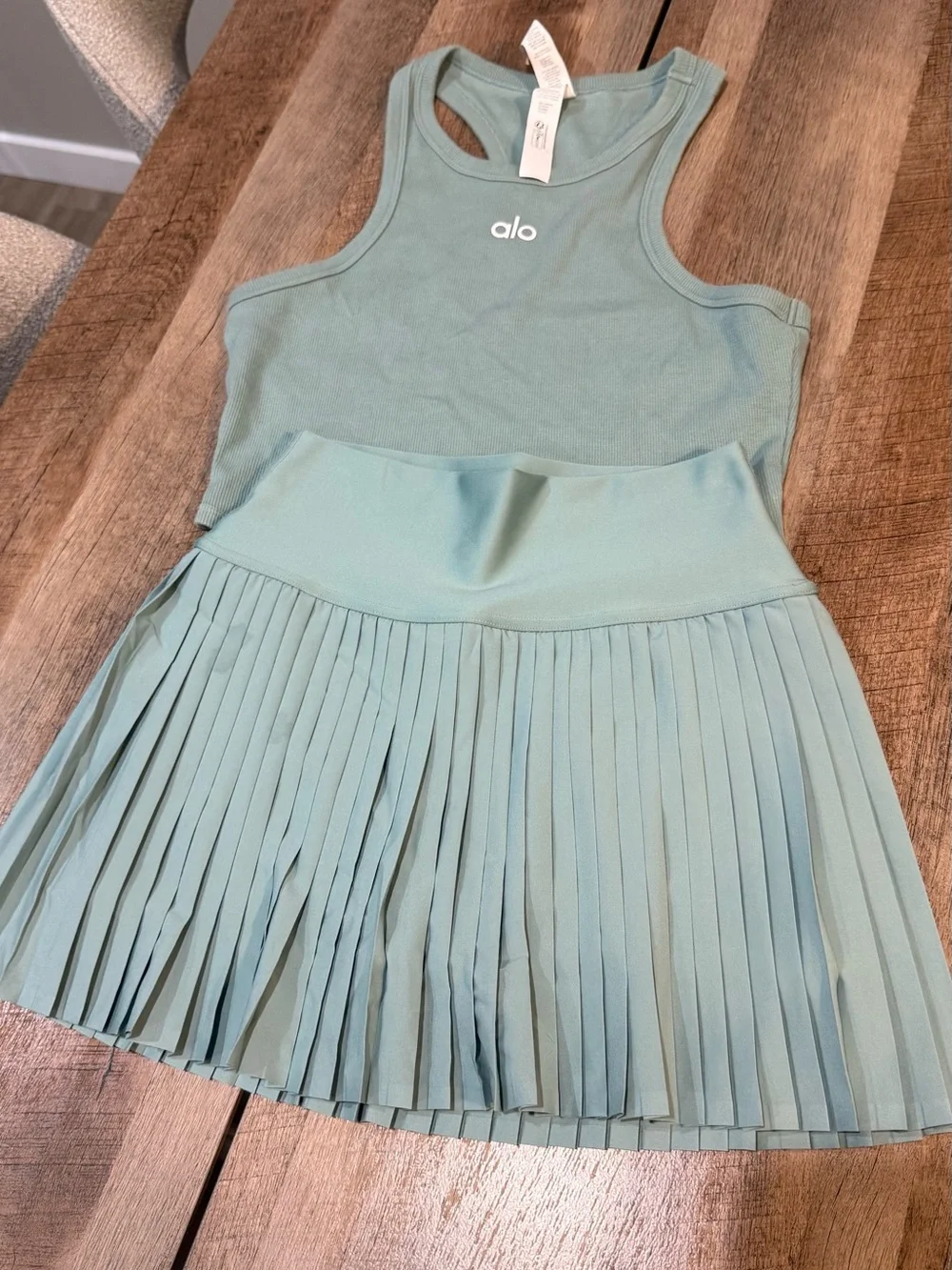 ALO Yoga Girls Sage Green Racerback Tank and Pleated Skirt Set